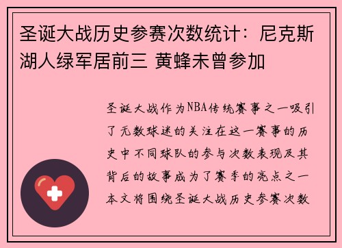 圣诞大战历史参赛次数统计：尼克斯湖人绿军居前三 黄蜂未曾参加